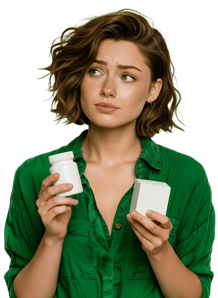 Женщина в зелёном с лечебными препаратами на руках