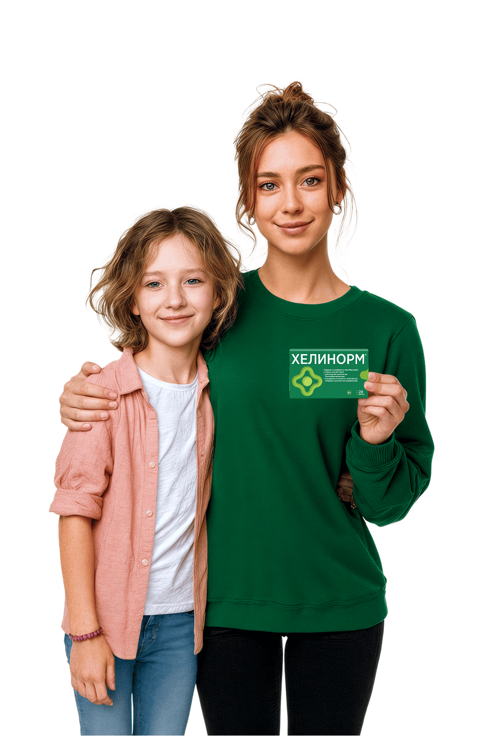 Женщина с&nbsp;пачкой Хелинорм в&nbsp;руке, обнимающая девочку свободной рукой